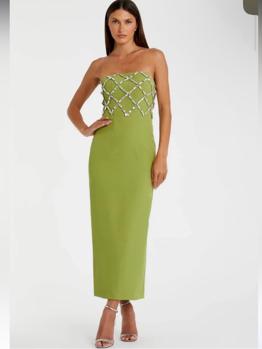 NWT Mac Duggal Green Apple 21064  Strapless Crystal Embellished Midi Dress